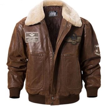 New Men's Real Leather Bomber Jacket with Removable Fur Collar Genuine Leather Men